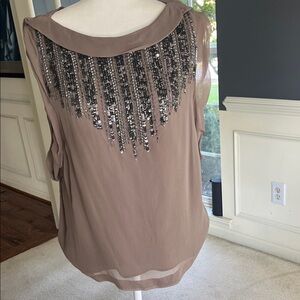 French Connection Taupe Sleeveless Blouse with Sequin Fringe